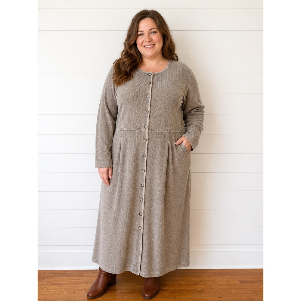 Vintage Eddie Bauer 100% Cotton Corduroy Button Front Maxi Dress Size XXL Taupe